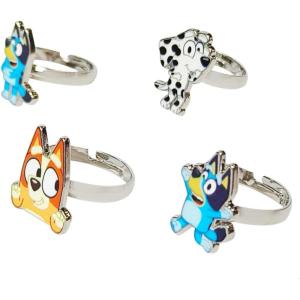 LUV HER Bluey Kids Jewelry: 4-Piece Adjustable Rings for Girls, Ring Sets with metal charm Fashion Girls Jewelry Ages 3+