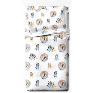 Saturday Park Bluey and Bingo Rainbow Clouds Twin Sheet Set – 3 Piece 100% Organic Cotton Sheets with Pillow Cover- GOTS & Oeko-TEX Certified(White – Bluey)