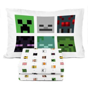 Sunny Side Up Bluey & Friends Full Sheet Set – 4 Piece Kids Bedding Set Includes Pillow Cover – Super Soft Microfiber Sheets(White – Minecraft)