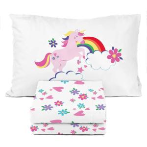 Sunny Side Up Bluey & Friends Full Sheet Set – 4 Piece Kids Bedding Set Includes Pillow Cover – Super Soft Microfiber Sheets(White – Rainbow Unicorn)