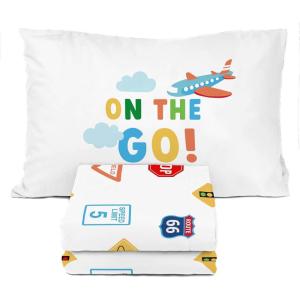 Sunny Side Up Bluey & Friends Full Sheet Set – 4 Piece Kids Bedding Set Includes Pillow Cover – Super Soft Microfiber Sheets(White – on the Go)