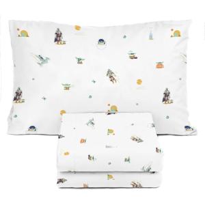 Sunny Side Up Bluey & Friends Full Sheet Set – 4 Piece Kids Bedding Set Includes Pillow Cover – Super Soft Microfiber Sheets(White – the Mandalorian)