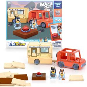Tile Town Bluey Heeler Family Home 52-Piece Magnetic Tile Playset, Interactive STEM Magnetic Tiles Toys, Includes Bluey & Bingo Figures, Action Tiles(Camper Set)