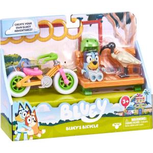 Vehicle & Figures Toy Bicycle Playset, Articulated Bluey Figure with Park Bench Accessory and Bin Chicken Figurine, Immersive Bike Toy for Kids Age 3+