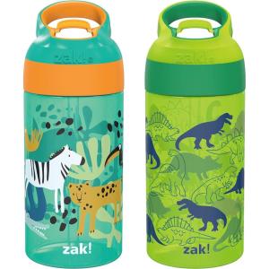 Zak Designs 17.5 oz Riverside Bluey Kids Water Bottle with Straw and Built in Carrying Loop Made of Durable Plastic, Leak-Proof Design for Travel, 2PK Set(Dino Camo & Safari)