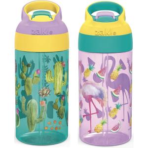 Zak Designs 17.5 oz Riverside Bluey Kids Water Bottle with Straw and Built in Carrying Loop Made of Durable Plastic, Leak-Proof Design for Travel, 2PK Set(Cactus-Flamingo Pineapple)