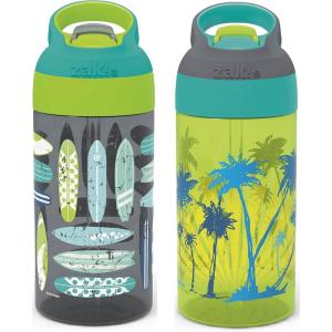 Zak Designs 17.5 oz Riverside Bluey Kids Water Bottle with Straw and Built in Carrying Loop Made of Durable Plastic, Leak-Proof Design for Travel, 2PK Set(Beach Life and Surfing Boards)