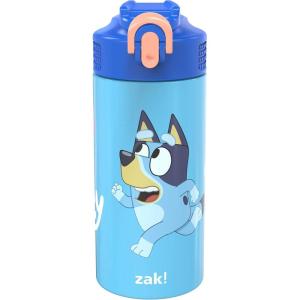 Zak Designs Bluey 14 oz Double Wall Vacuum Insulated Thermal Kids Water Bottle, 18/8 Stainless Steel, Flip-Up Straw Spout, Locking Spout Cover, Durable Cup for Sports or Travel