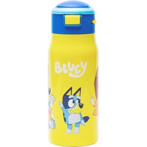 Zak Designs Bluey Double-Wall Vacuum Insulated, Stainless Steel Kids Mesa Water Bottle with Flip-Up Straw Spout and Locking Spout Cover, Durable Cup for Sports or School (13.5 oz, 18/8 SS)