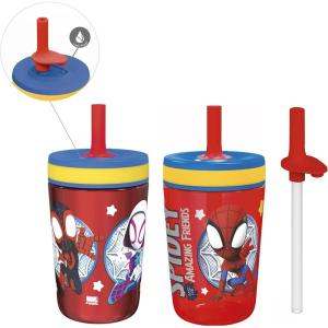 Zak Designs Bluey Kelso Tumbler Set, Leak-Proof Screw-On Lid with Straw, Bundle for Kids Includes Plastic and Stainless Steel Cups with Bonus Sipper, 3pc Set(Spidey)