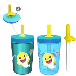 Zak Designs Bluey Kelso Tumbler Set, Leak-Proof Screw-On Lid with Straw, Bundle for Kids Includes Plastic and Stainless Steel Cups with Bonus Sipper, 3pc Set(Baby Shark)
