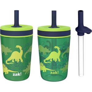 Zak Designs Bluey Kelso Tumbler Set, Leak-Proof Screw-On Lid with Straw, Bundle for Kids Includes Plastic and Stainless Steel Cups with Bonus Sipper, 3pc Set(Dino Camo)