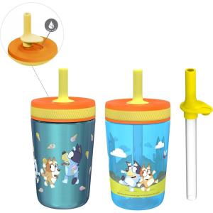 Zak Designs Bluey Kelso Tumbler Set, Leak-Proof Screw-On Lid with Straw, Bundle for Kids Includes Plastic and Stainless Steel Cups with Bonus Sipper, 3pc Set(Bluey)