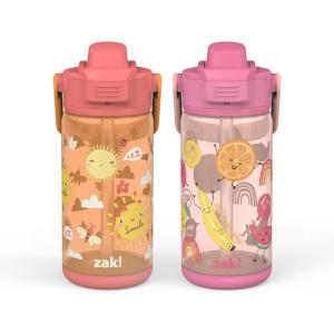 Zak Designs Bluey Kid Water Bottle 2-Pack Set for Travel or At Home, 16oz Plastic is Durable and Leak-Proof with Silicone Spout, Cover, Carry Handle, Protective Base (Bluey and Bingo)(Happy Skies  Happy Fruit)