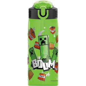 Zak Designs Bluey Sage Kids Water Bottle For School or Travel, 16oz Durable Plastic Water Bottle With Straw, Handle, and Leak-Proof, Pop-Up Spout Cover (Bluey & Bingo)(Minecraft)