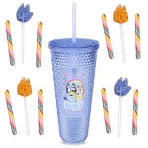 Bluey Rhinestone Tumbler with Candy Sticks and Lollipops Inside, Individually Wrapped Pieces, 24 Ounces