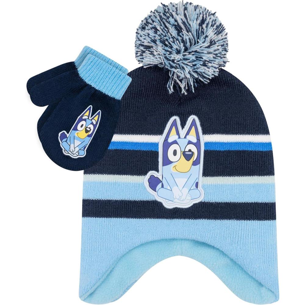 image:imageBluey Bandit and Chilli Toddler Hat with Winter Mittens for Kids Warm Winter Hat for Toddler with Kids Mittens Blue GreyBlues3