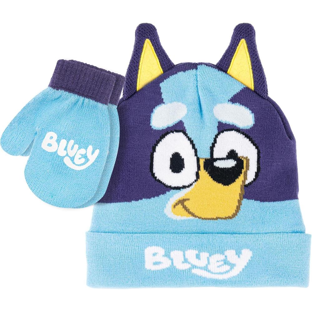 image:imageBluey Bandit and Chilli Toddler Hat with Winter Mittens for Kids Warm Winter Hat for Toddler with Kids Mittens Blue GreyBluey Blue2