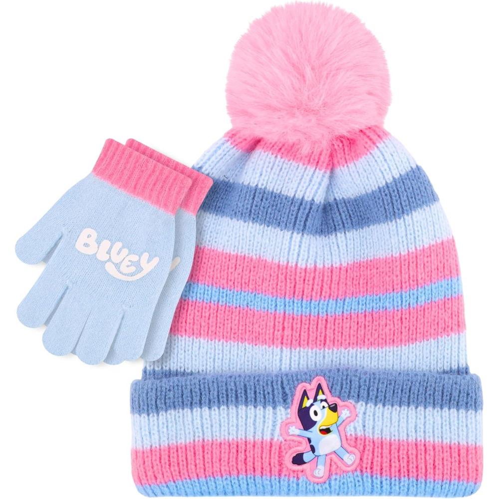 image:imageBluey Bandit and Chilli Toddler Hat with Winter Mittens for Kids Warm Winter Hat for Toddler with Kids Mittens Blue GreyBluey Multi
