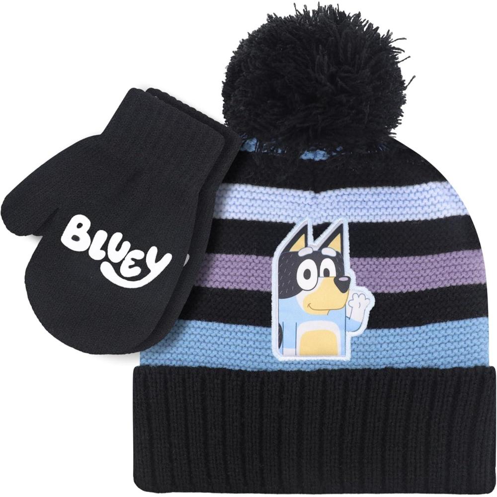 image:imageBluey Bandit and Chilli Toddler Hat with Winter Mittens for Kids Warm Winter Hat for Toddler with Kids Mittens Blue GreyBluey Stripes