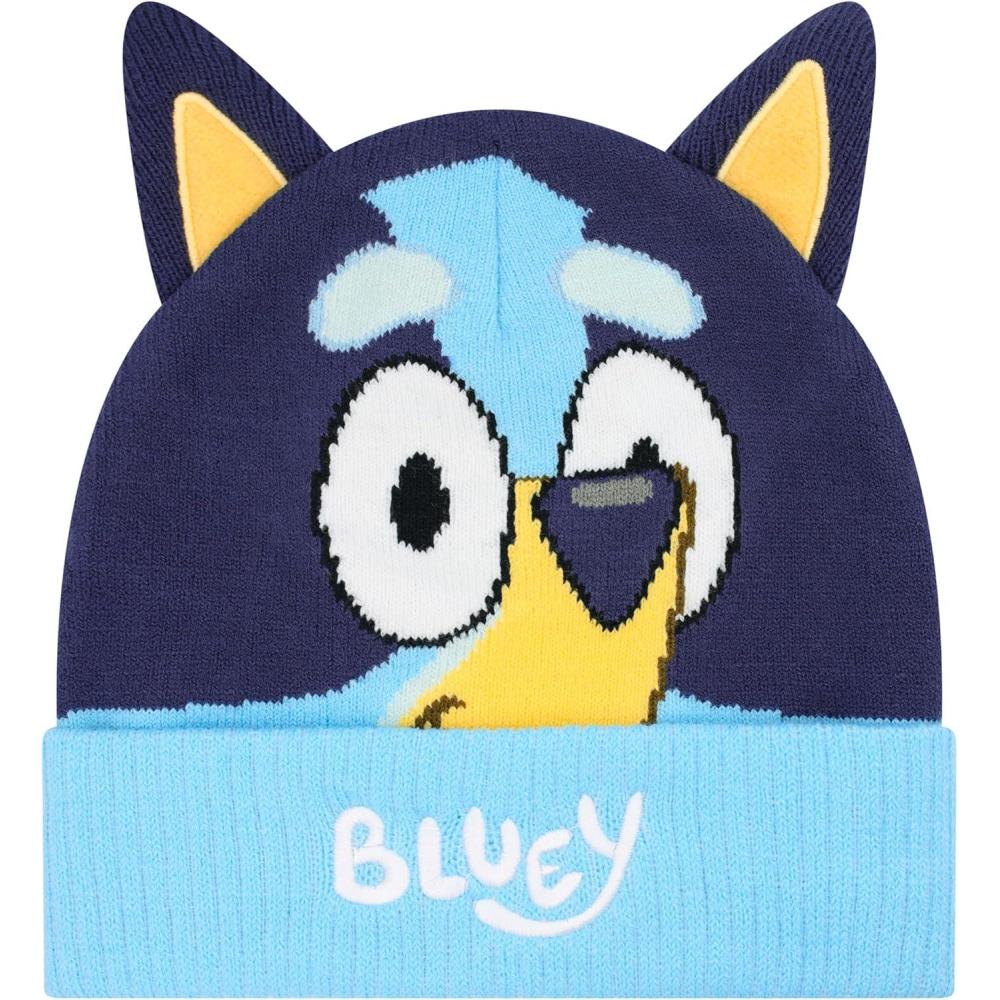image:imageBluey Bandit and Chilli Toddler Hat with Winter Mittens for Kids Warm Winter Hat for Toddler with Kids Mittens Blue GreyBluey Winter Hat