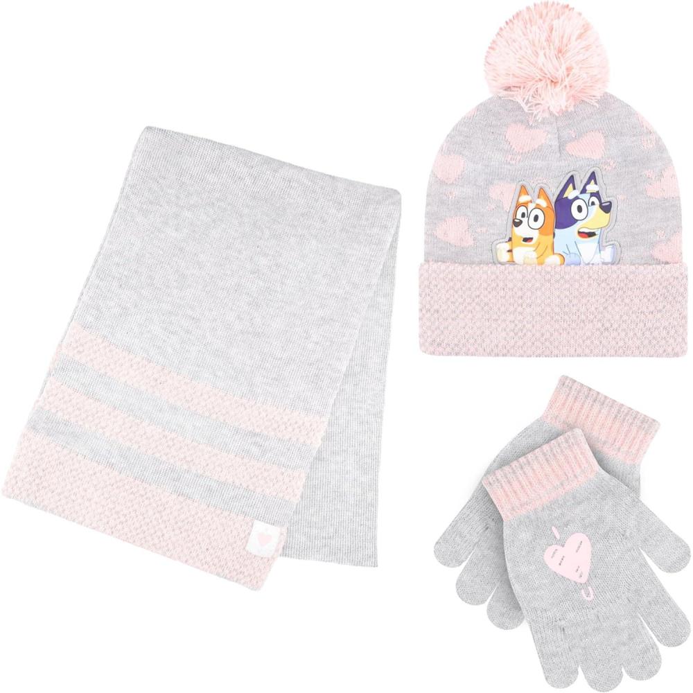 image:imageBluey Bandit and Chilli Toddler Hat with Winter Mittens for Kids Warm Winter Hat for Toddler with Kids Mittens Blue GreyGrey and Pink 3 Piece