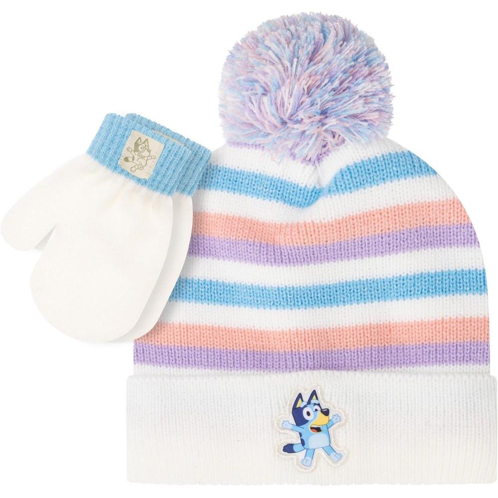 image:imageBluey Bandit and Chilli Toddler Hat with Winter Mittens for Kids Warm Winter Hat for Toddler with Kids Mittens Blue GreyLight Stripes