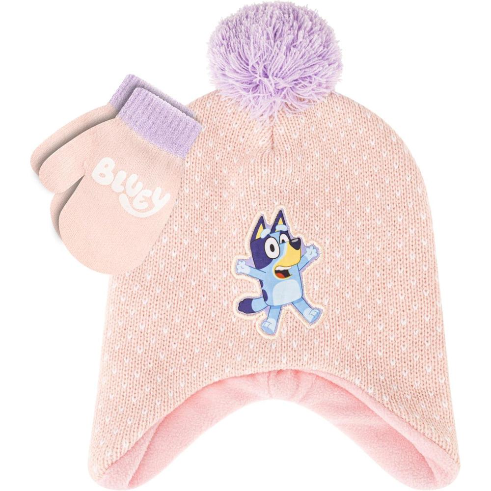 image:imageBluey Bandit and Chilli Toddler Hat with Winter Mittens for Kids Warm Winter Hat for Toddler with Kids Mittens Blue GreyPink 2 Piece