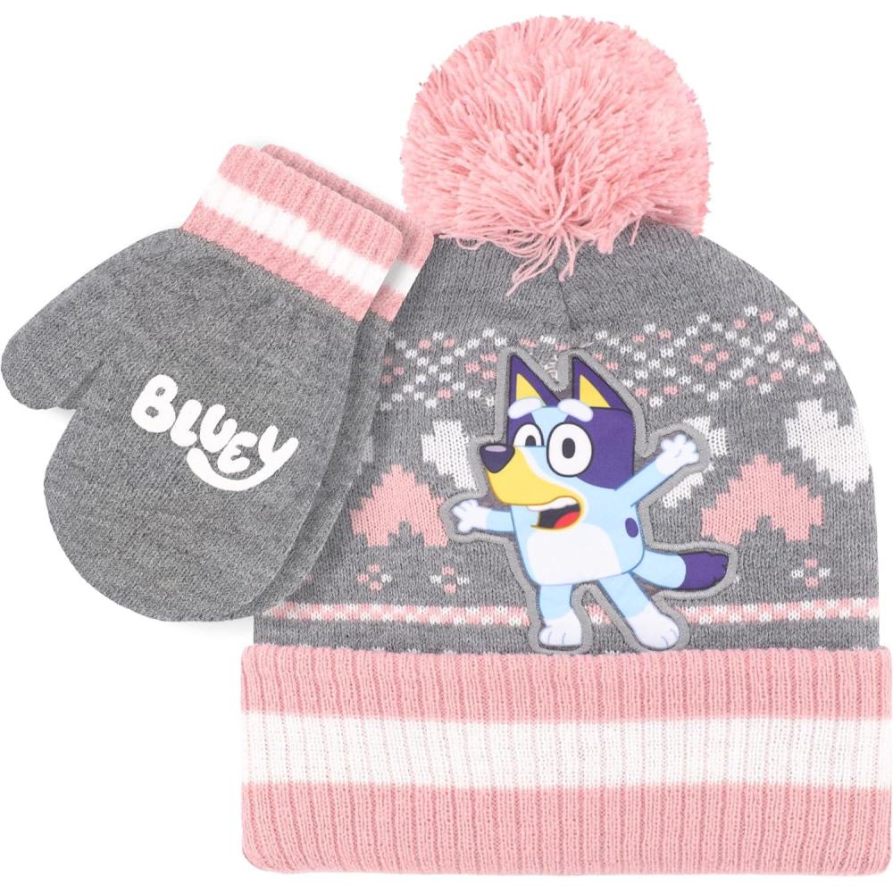 image:imageBluey Bandit and Chilli Toddler Hat with Winter Mittens for Kids  Warm Winter Hat for Toddler with Kids Mittens Blue GreyPink Pompom