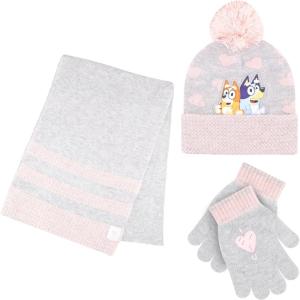 Bluey Bandit and Chilli Toddler Hat with Winter Mittens for Kids – Warm Winter Hat for Toddler with Kids Mittens Blue Grey(Grey and Pink 3 Piece)