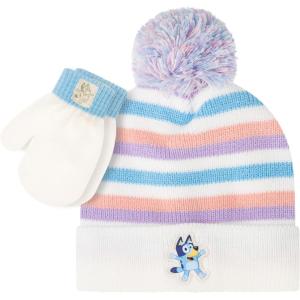Bluey Bandit and Chilli Toddler Hat with Winter Mittens for Kids – Warm Winter Hat for Toddler with Kids Mittens Blue Grey(Light Stripes)