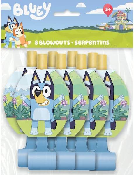 image:imageBluey Birthday Party Supplies Bundle includes 16 Lunch Plates 16 Lunch Napkins 16 Paper Cups 1 Plastic Table Cover 1 Happy Birthday Banner 16 Party Blowouts 1 Dinosaur Sticker Sheet