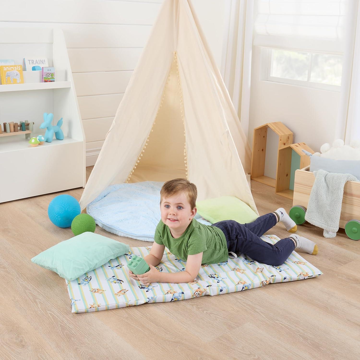 image:imageNoJo Bluey Preschool Nap Mat Sheet Blue Orange and Green Pinstripe Official Bluey Licensed