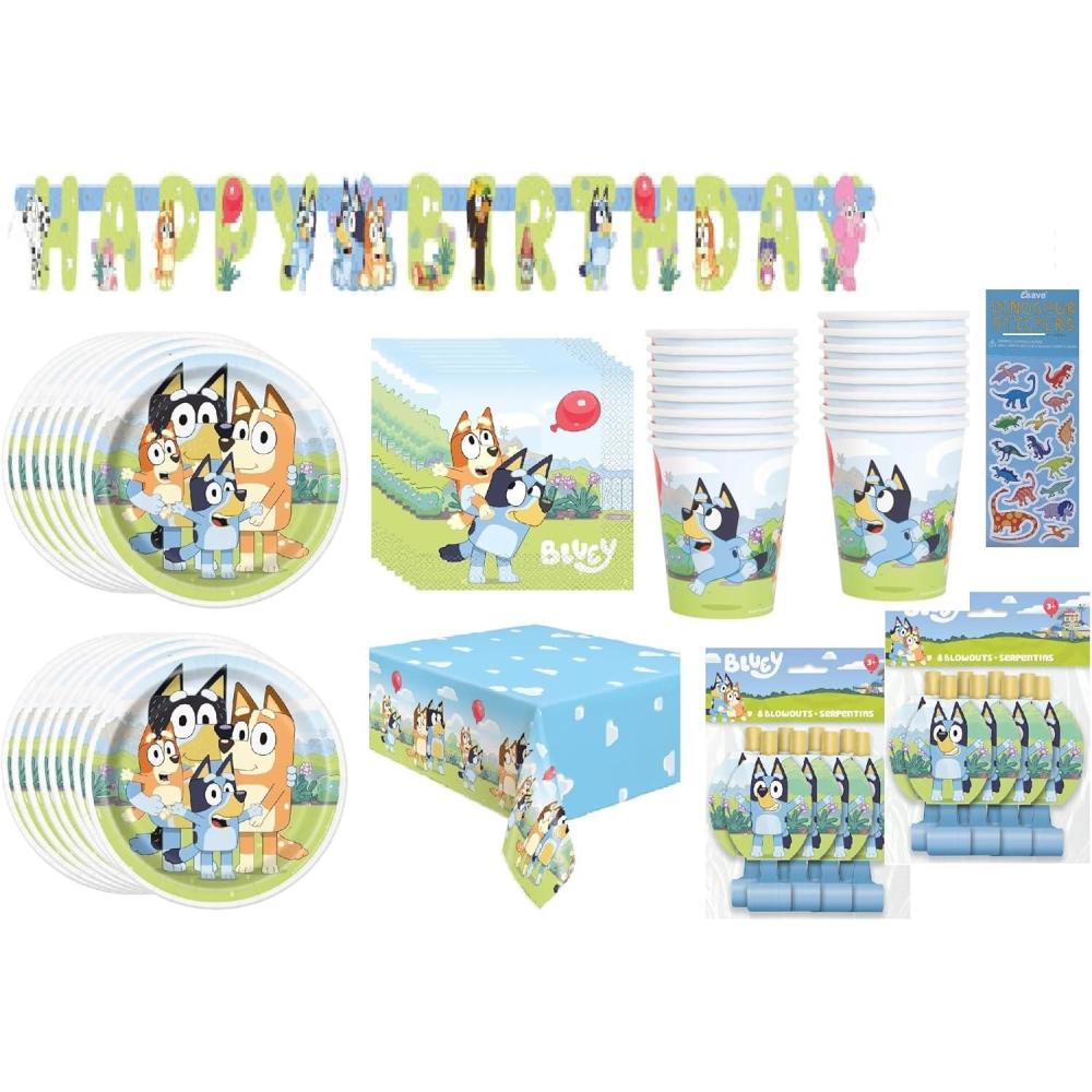image:imageBluey Birthday Party Supplies Bundle includes 16 Lunch Plates 16 Lunch Napkins 16 Paper Cups 1 Plastic Table Cover 1 Happy Birthday Banner 16 Party Blowouts 1 Dinosaur Sticker Sheet