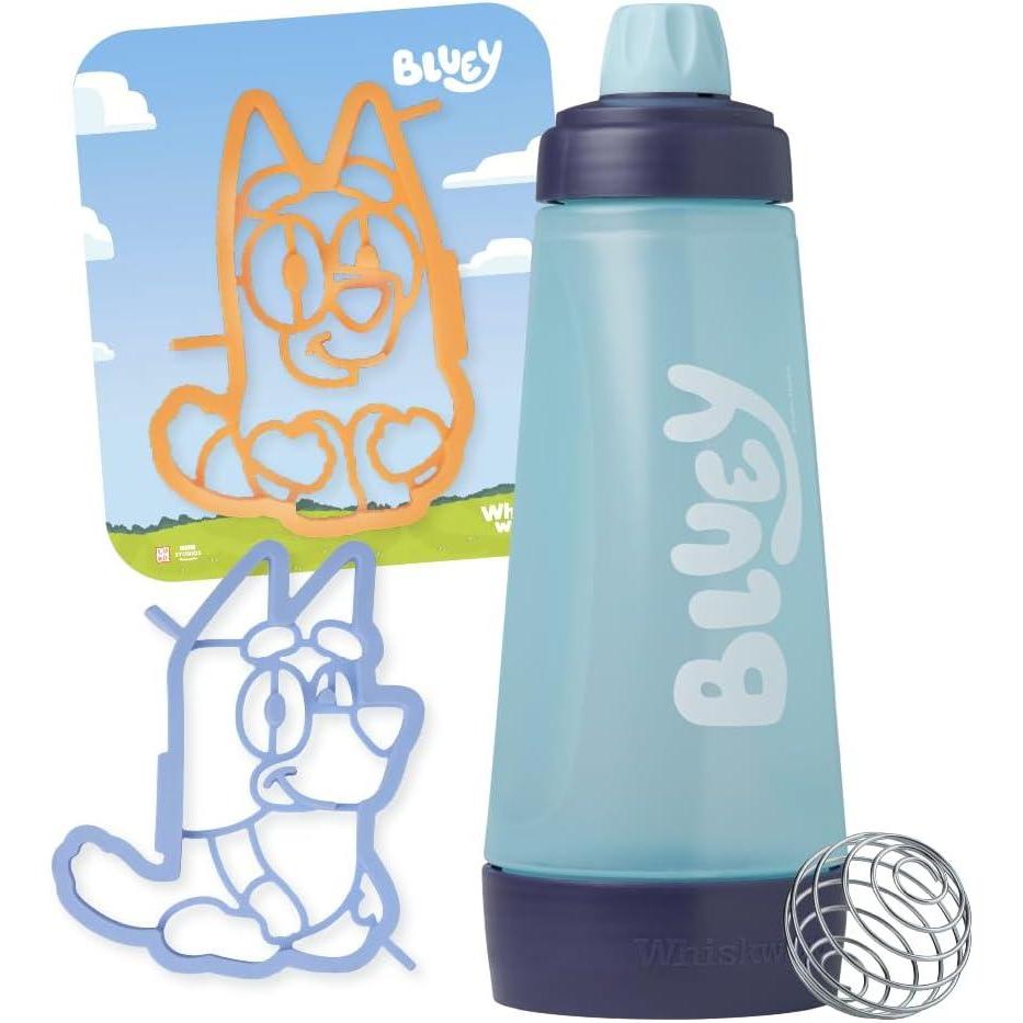 image:imageWhiskware Bluey Pancake Art Kit 1 Batter Bottle 2 Silicone Bluey and Bingo Pancake Molds and 1 BlenderBall Wire Whisk Durable NoMess Breakfast BPA Free Dishwasher SafeBluey