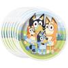Bluey Birthday Party Supplies Bundle includes 16 Lunch Plates, 16 Lunch Napkins, 16 Paper Cups, 1 Plastic Table Cover, 1 Happy Birthday Banner, 16 Party Blowouts, 1 Dinosaur Sticker Sheet