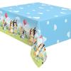 Bluey Birthday Party Supplies Bundle includes 16 Lunch Plates, 16 Lunch Napkins, 16 Paper Cups, 1 Plastic Table Cover, 1 Happy Birthday Banner, 16 Party Blowouts, 1 Dinosaur Sticker Sheet