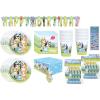Bluey Birthday Party Supplies Bundle includes 16 Lunch Plates, 16 Lunch Napkins, 16 Paper Cups, 1 Plastic Table Cover, 1 Happy Birthday Banner, 16 Party Blowouts, 1 Dinosaur Sticker Sheet