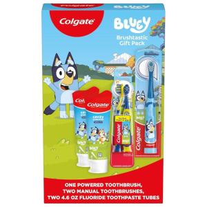 Colgate Kids Bluey Toothbrush and Kids Toothpaste Gift Set, Includes Bluey-Themed Battery Toothbrush, 2 Bubblegum Flavored Fluoride Toothpastes, and 2 Manual Toothbrushes