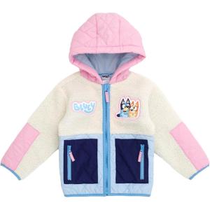 Bluey Girls Faux Shearling Zip Up Hooded Jacket Toddler to Big Kid Sizes (2T – 14-16)(Pink / Blue)