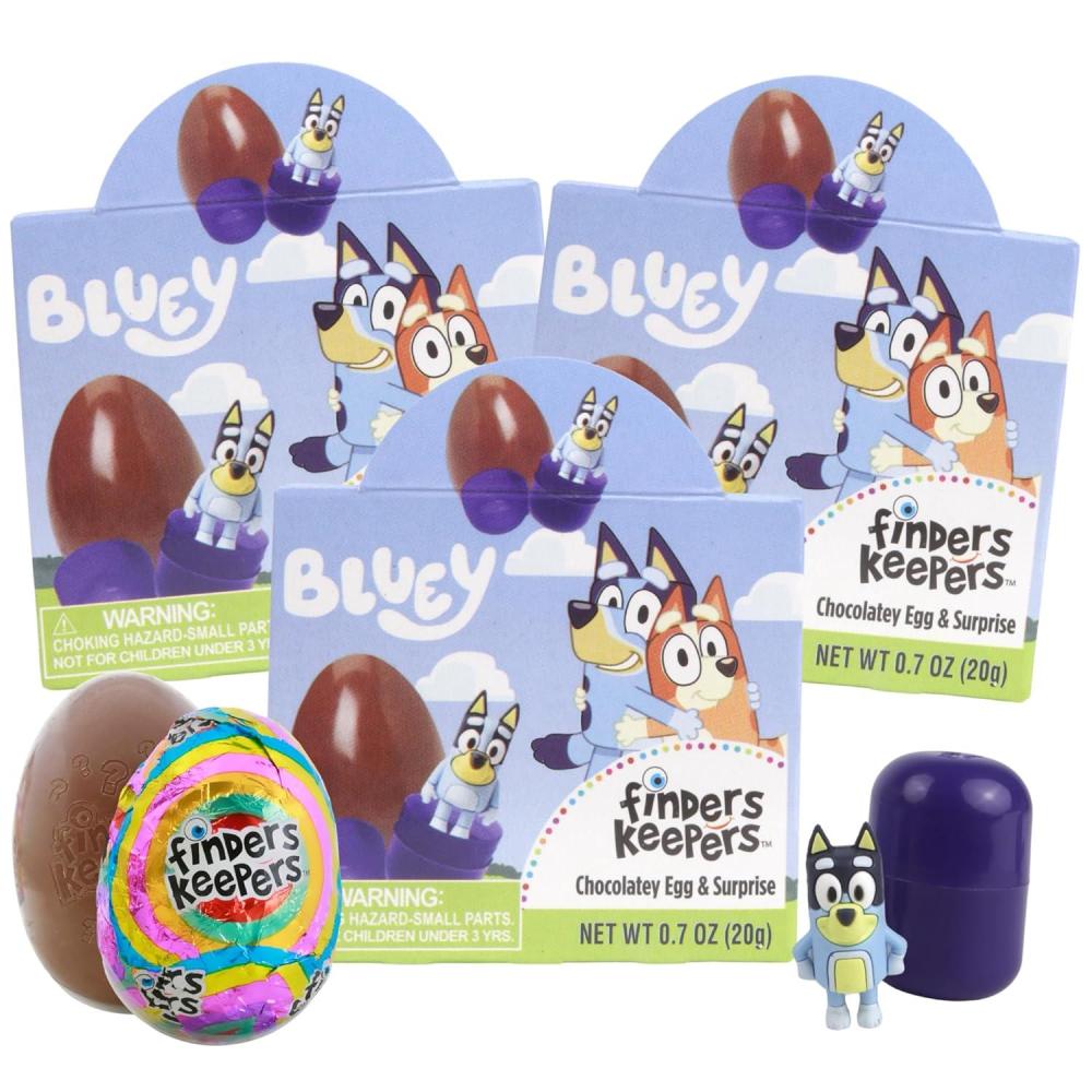 image:imageFinders Keepers Bluey Chocolate Eggs Individually Boxed Candy with Figurine Inside Easter Basket Stuffer Gifts 07 Ounces Pack of 3