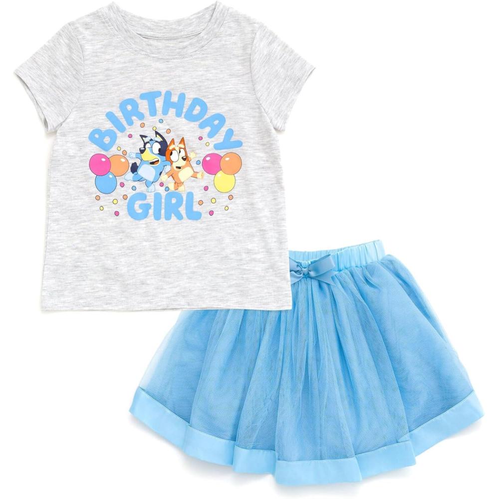 image:imageBluey Floral Birthday TShirt and Mesh Tulle Skirt Outfit Set Infant to Big Kid Sizes 12 Months 1012Heather Gray Sky Blue