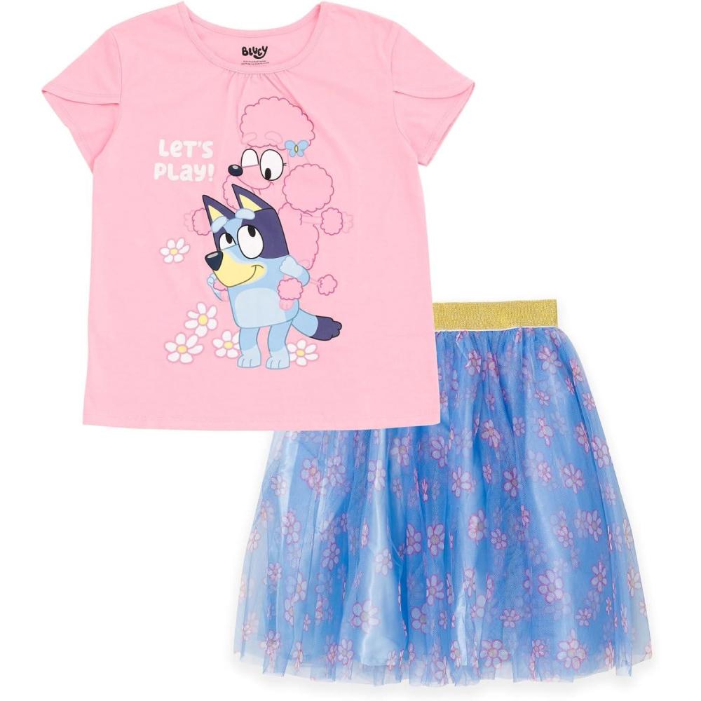 image:imageBluey Floral Birthday TShirt and Mesh Tulle Skirt Outfit Set Infant to Big Kid Sizes 12 Months 1012Pink Blue