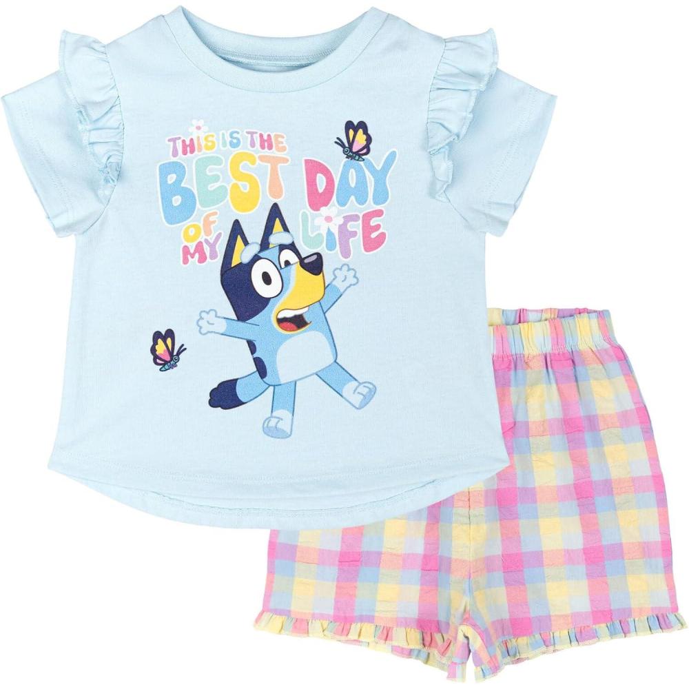 image:imageBluey Girls TShirt and Chambray Shorts Outfit Set Toddler to Big Kid Sizes 2T 1012Sky Blue