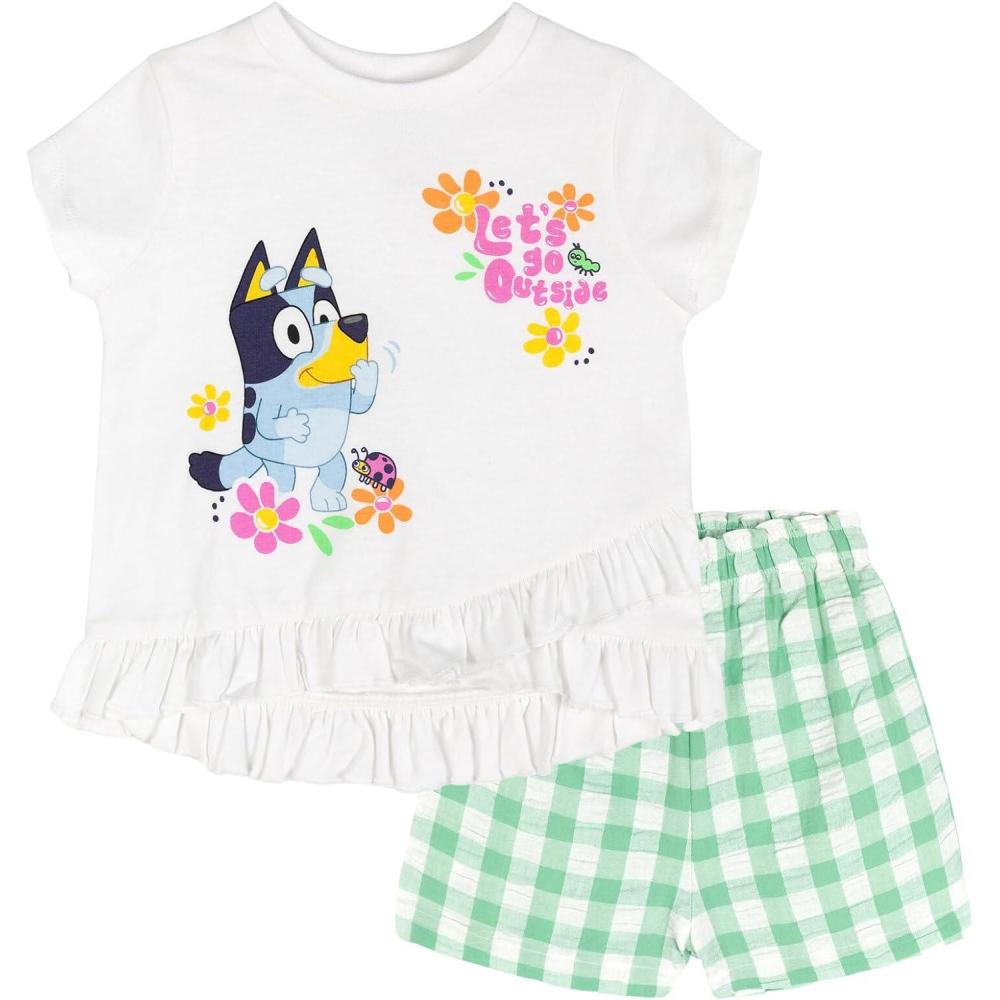 image:imageBluey Girls TShirt and Chambray Shorts Outfit Set Toddler to Big Kid Sizes 2T 1012White Green