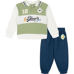 Bluey Fleece Polo Shirt Colorblock Jogger Pants Outfit Set Toddler to Big Kid Sizes (2T – 10-12)(Green / Navy Blue)