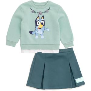 Bluey Girls Fleece Drop Shoulder Pullover Sweatshirt & Scuba Pleated Skort Outfit Set Toddler to Big Kid Sizes (2T – 10-12)(Green)