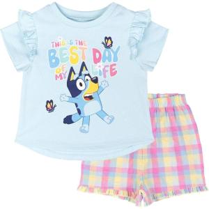 Bluey Girls T-Shirt and Chambray Shorts Outfit Set Toddler to Big Kid Sizes (2T – 10-12)(Sky Blue)