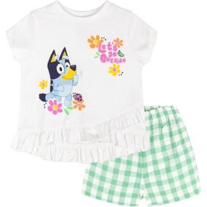 Bluey Girls T-Shirt and Chambray Shorts Outfit Set Toddler to Big Kid Sizes (2T – 10-12)(White / Green)
