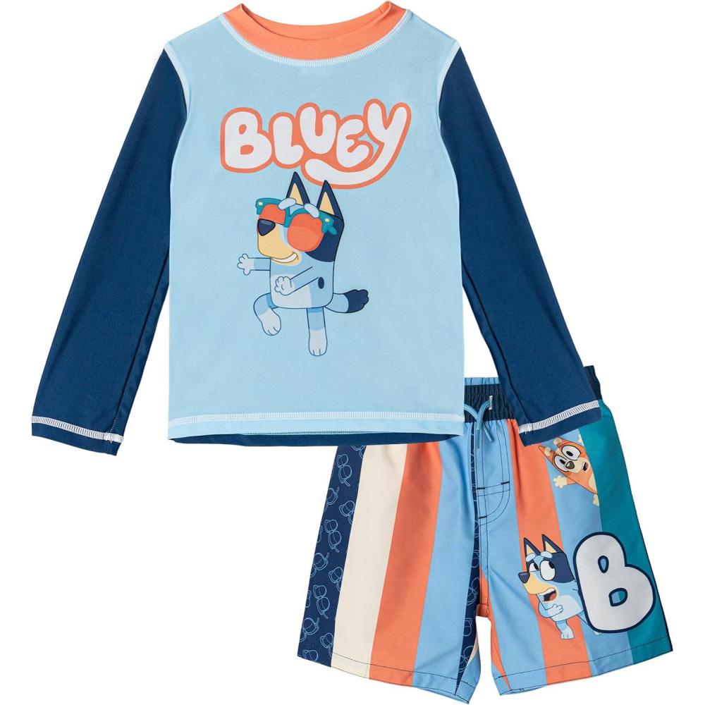image:imageBluey Rash Guard and Swim Trunks UPF 50 Outfit Set Infant to Little Kid Sizes 12 Months 78Sky Blue Navy Orange